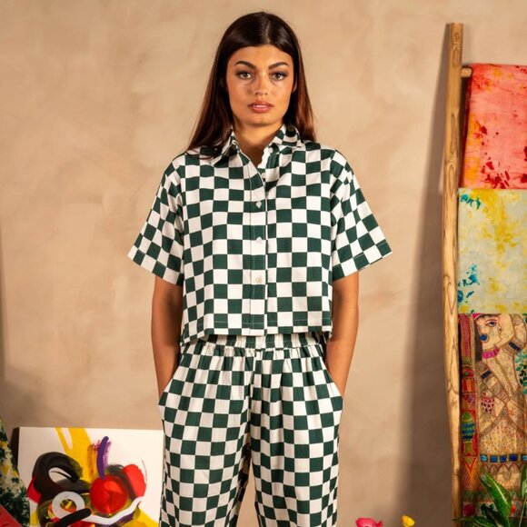 Dushyant Tops - DUSHYANT Hand Printed 'The Cami' Crop Shirt in Green & White Chessboard Mod XS